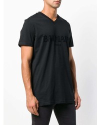 T-shirt con scollo a v stampata nera di Balmain