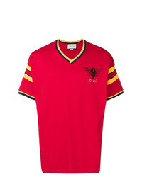 T-shirt con scollo a v stampata rossa di Gucci