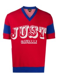 T-shirt con scollo a v stampata rossa di Just Cavalli