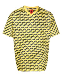 T-shirt con scollo a v stampata senape di Ferrari