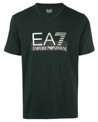 T-shirt con scollo a v stampata verde scuro di Ea7 Emporio Armani
