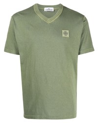 T-shirt con scollo a v verde oliva di Stone Island