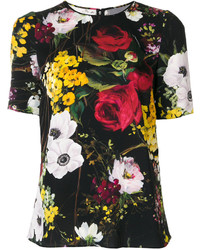 T-shirt di seta a fiori nera di Dolce & Gabbana