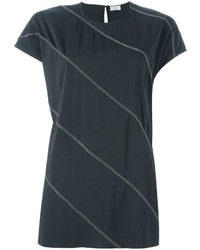 T-shirt di seta a righe orizzontali grigio scuro di Brunello Cucinelli