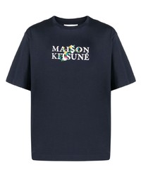 T-shirt girocollo a fiori blu scuro di MAISON KITSUNÉ