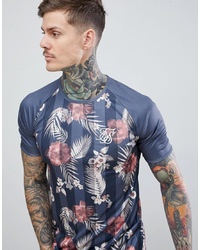 T-shirt girocollo a fiori blu scuro di Siksilk
