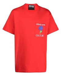 T-shirt girocollo a fiori rossa di VERSACE JEANS COUTURE