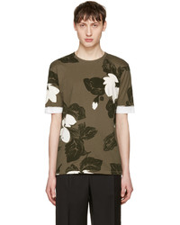 T-shirt girocollo a fiori verde oliva