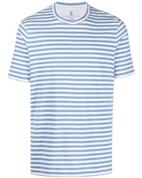 T-shirt girocollo a righe orizzontali azzurra di Brunello Cucinelli