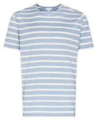 T-shirt girocollo a righe orizzontali azzurra di Sunspel
