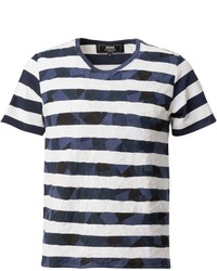 T-shirt girocollo a righe orizzontali bianca e blu scuro di Anrealage