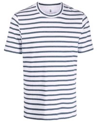 T-shirt girocollo a righe orizzontali bianca e blu scuro di Brunello Cucinelli