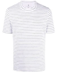 T-shirt girocollo a righe orizzontali bianca e blu scuro di Brunello Cucinelli