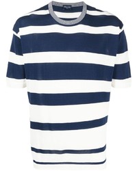T-shirt girocollo a righe orizzontali bianca e blu scuro di Drumohr