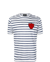T-shirt girocollo a righe orizzontali bianca e blu scuro di DSQUARED2