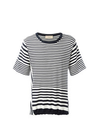 T-shirt girocollo a righe orizzontali bianca e blu scuro di Maison Flaneur