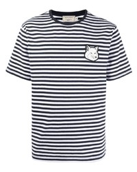 T-shirt girocollo a righe orizzontali bianca e blu scuro di MAISON KITSUNÉ