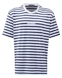 T-shirt girocollo a righe orizzontali bianca e blu scuro di Mastermind Japan