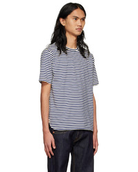 T-shirt girocollo a righe orizzontali bianca e blu scuro di Junya Watanabe