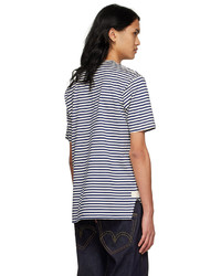 T-shirt girocollo a righe orizzontali bianca e blu scuro di Junya Watanabe