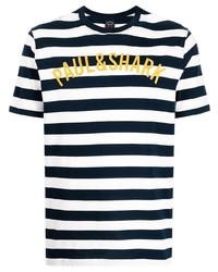T-shirt girocollo a righe orizzontali bianca e blu scuro di Paul & Shark