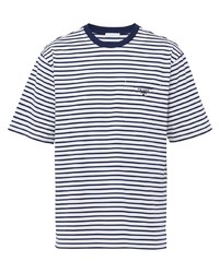 T-shirt girocollo a righe orizzontali bianca e blu scuro di Prada