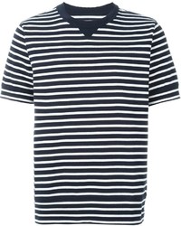 T-shirt girocollo a righe orizzontali bianca e blu scuro di Sacai
