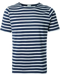 T-shirt girocollo a righe orizzontali bianca e blu scuro di Saint Laurent