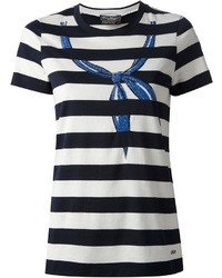 T-shirt girocollo a righe orizzontali bianca e blu scuro di Salvatore Ferragamo