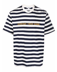 T-shirt girocollo a righe orizzontali bianca e blu scuro di Sunnei