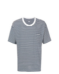 T-shirt girocollo a righe orizzontali bianca e blu scuro di VISVIM
