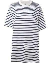 T-shirt girocollo a righe orizzontali bianca e blu scuro di Wood Wood