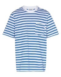 T-shirt girocollo a righe orizzontali bianca e blu di Wood Wood