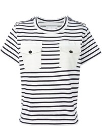 T-shirt girocollo a righe orizzontali bianca e nera di Sacai
