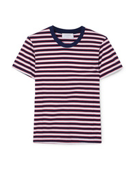 T-shirt girocollo a righe orizzontali bianca e rossa e blu scuro