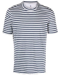 T-shirt girocollo a righe orizzontali bianca di Brunello Cucinelli
