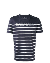 T-shirt girocollo a righe orizzontali blu scuro e bianca di Balmain