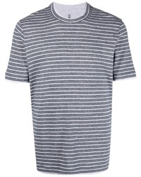 T-shirt girocollo a righe orizzontali blu scuro e bianca di Brunello Cucinelli