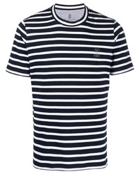 T-shirt girocollo a righe orizzontali blu scuro e bianca di Brunello Cucinelli