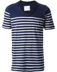 T-shirt girocollo a righe orizzontali blu scuro e bianca di Sacai