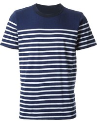 T-shirt girocollo a righe orizzontali blu scuro e bianca di Sacai