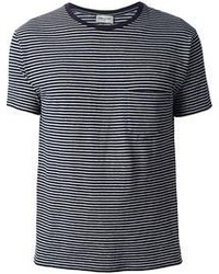 T-shirt girocollo a righe orizzontali blu scuro e bianca di Saint Laurent