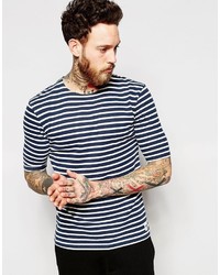 T-shirt girocollo a righe orizzontali blu scuro di Wood Wood