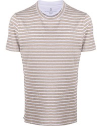 T-shirt girocollo a righe orizzontali marrone chiaro di Brunello Cucinelli