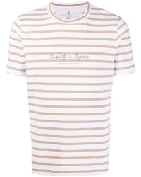 T-shirt girocollo a righe orizzontali marrone chiaro di Brunello Cucinelli