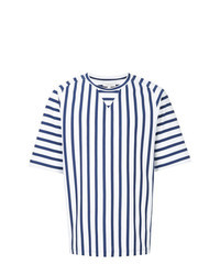T-shirt girocollo a righe verticali bianca e blu scuro