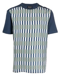 T-shirt girocollo a righe verticali bianca e blu scuro di Giorgio Armani