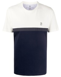 T-shirt girocollo bianca e blu scuro di Brunello Cucinelli