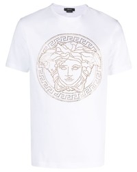 T-shirt girocollo con borchie bianca di Versace