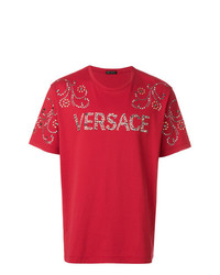 T-shirt girocollo con borchie rossa di Versace